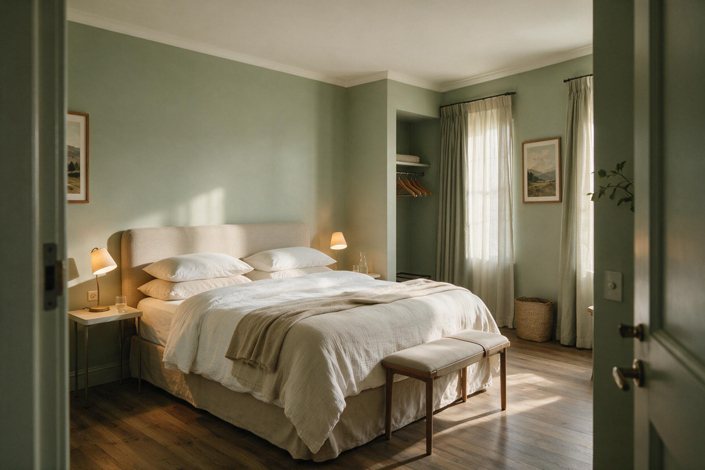 How to decorate a guest room with a neatly made queen bed, layered neutral bedding, bedside reading lamps, water carafe, luggage bench, blackout curtains, and calm sage-green decor.