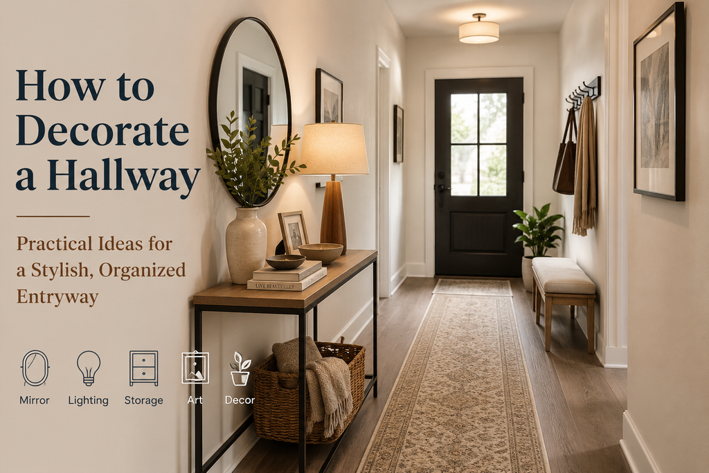 How to decorate a hallway with a mirror, console table, lighting, storage, artwork, and hallway runner