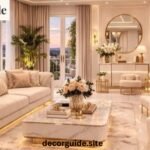 Economy home decor featuring elegant cream sofas, a marble coffee table, chandelier, and stylish living room furniture.