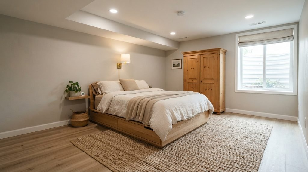 Basement bedroom ideas: platform bed with drawers, wall sconces, wooden wardrobe and window in a warm neutral room