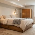 Basement bedroom ideas: platform bed with drawers, wall sconces, wooden wardrobe and window in a warm neutral room