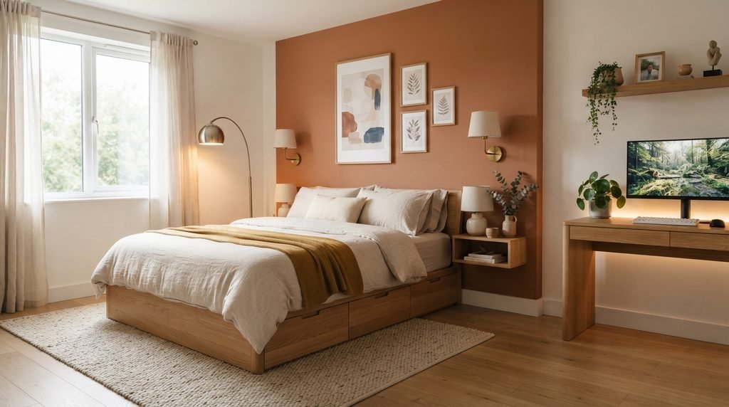 Cool room ideas: small bedroom with terracotta accent wall, storage bed, floating desk, wall sconces and gallery wall