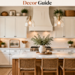 Beautiful over kitchen cabinet decorating ideas with styled decorations above white cabinets including greenery, baskets, and neutral pottery