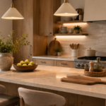 Kitchen island decor with a ceramic vase, wooden fruit bowl, cutting board, woven tray, pendant lights, and open prep space