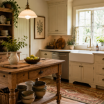 Vintage kitchen decor with cream cabinets, a rustic wooden island, vintage dishware, floral curtains, and warm brass lighting