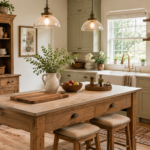 Farmhouse kitchen decor with a natural wood island, cream cabinetry, open shelving, vintage dishware, and warm brass lighting
