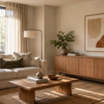 Modern home decor living room with neutral furniture, warm wood, layered lighting, and organized storage