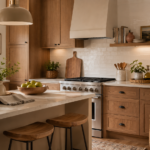 Kitchen decor ideas featuring warm wood cabinets, styled open shelves, pendant lighting, greenery, and organized countertops.