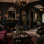 Gothic home decor featuring a dark elegant living room with carved wood furniture, burgundy textiles, arched mirror, and warm lighting