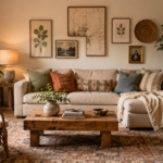 Boho living room decor with a neutral sofa, earthy pillows, natural wood coffee table, woven accents, plants, and vintage-inspired artwork