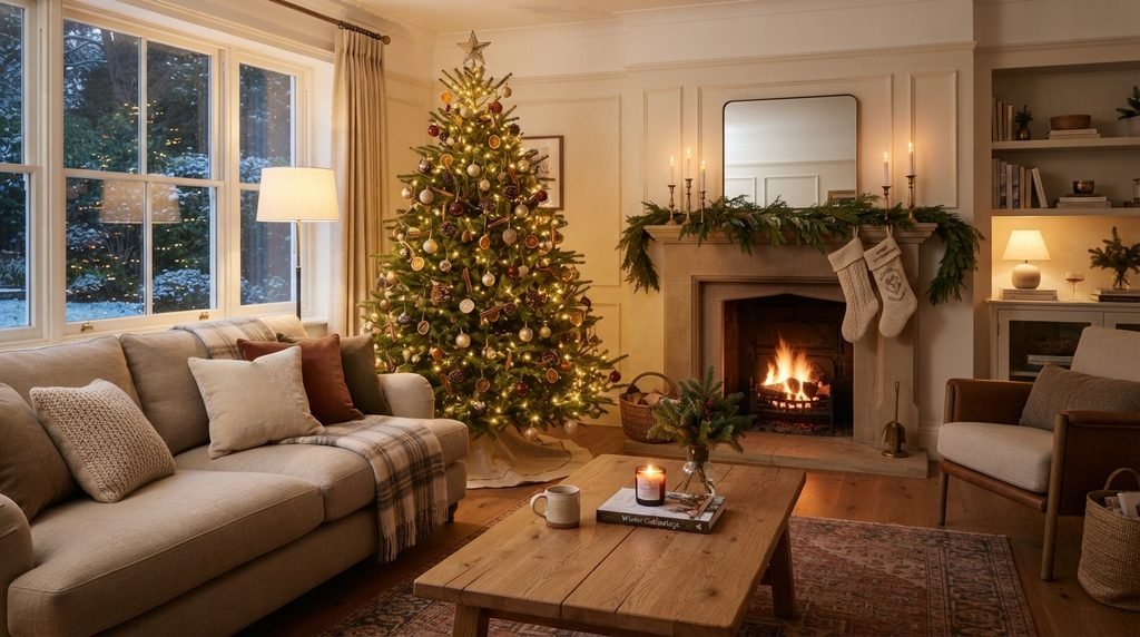 Decorating ideas living room for Christmas with a cozy tree, greenery, warm lights, and seasonal decor