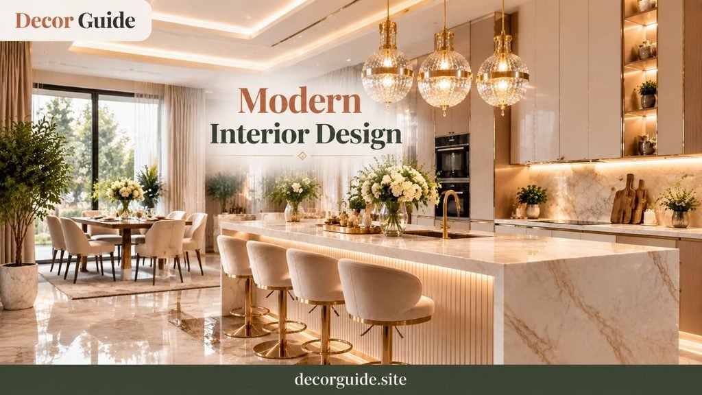 Modern Interior Design featuring a luxurious open-plan kitchen with marble island, elegant lighting, cream cabinetry, gold accents, and stylish contemporary decor.