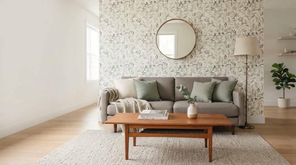 Living room wallpaper decor with a stylish patterned feature wall, neutral sofa, rug, and home accents
