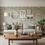 Living room wallpaper decor with a stylish patterned feature wall, sofa, rug, and coordinated accents