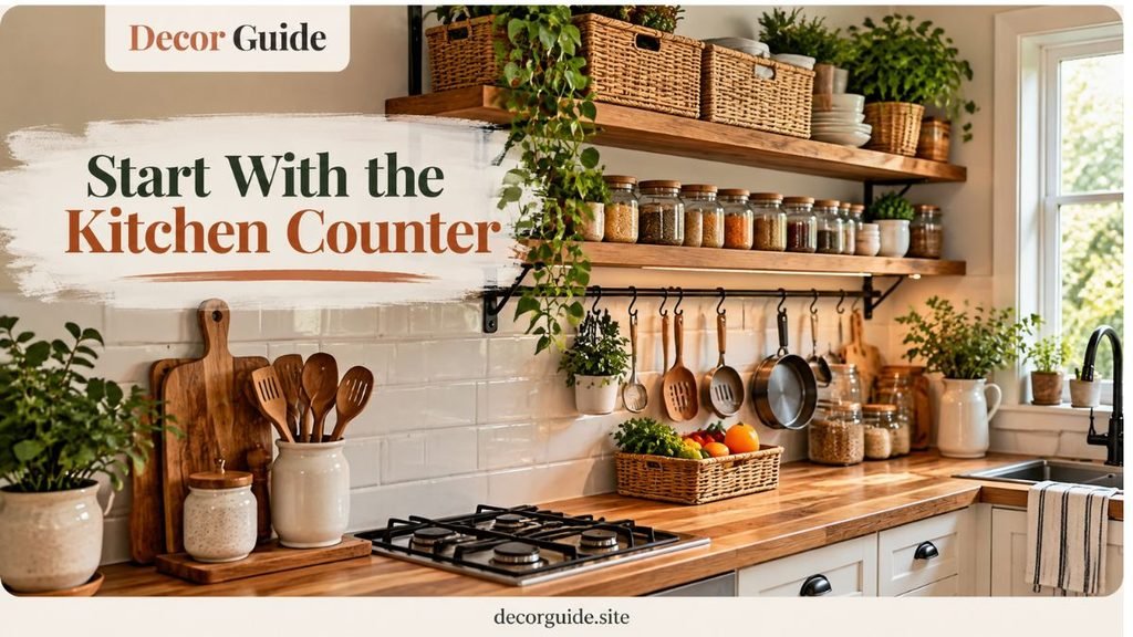 Start With the Kitchen Counter featuring an organized kitchen countertop with wooden shelves, storage jars, plants, and cozy home decor