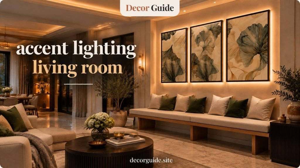 Accent lighting living room featuring warm ambient lights, modern furniture, cozy decor, plants, and elegant interior styling for a premium home atmosphere.