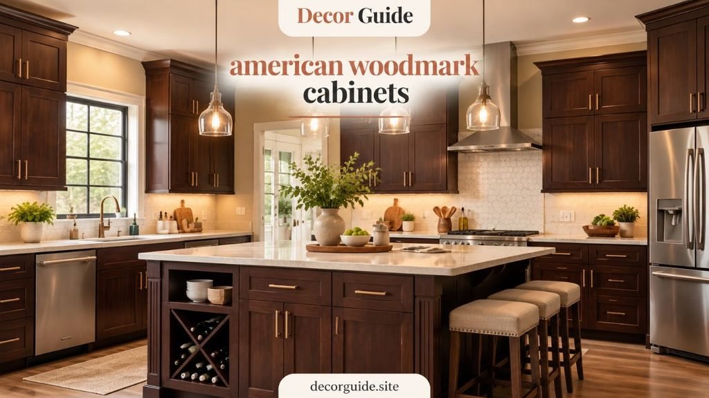 American Woodmark cabinets in a modern white kitchen featuring elegant storage, warm lighting, and premium home decor design