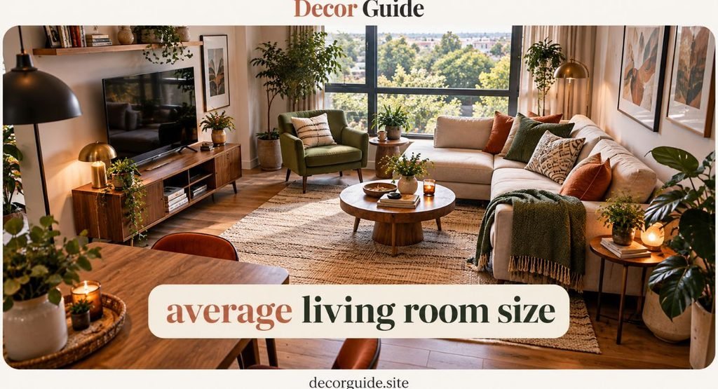 Average living room size shown in a warm, well-proportioned living room with a sofa, armchair, coffee table, rug, TV console, plants, and natural wood furniture.