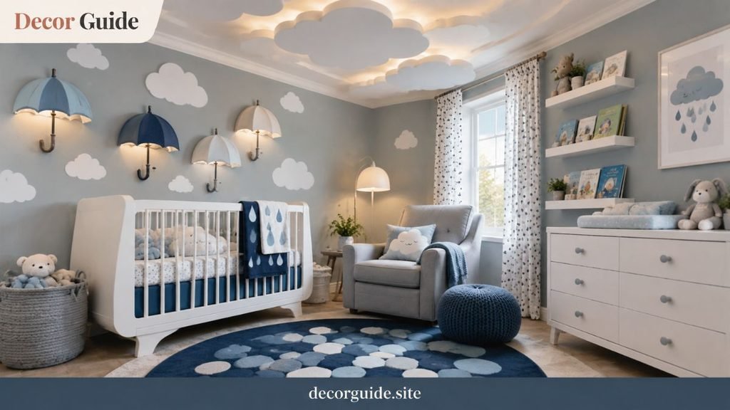 Choose a Color Scheme That Feels Calm with a cozy baby nursery featuring soft blue tones, cloud wall decor, a white crib, comfortable chair, plush rug, and peaceful modern nursery styling.
