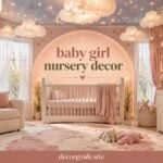 Baby girl nursery decor featuring a dreamy pink and cream nursery room with a white crib, cloud ceiling lights, cozy seating, plush rug, and elegant decorative details.