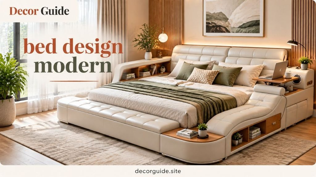 bed design modern bedroom with a stylish upholstered bed, wooden accents, warm lighting, and elegant neutral decor  