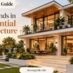 Best trends in residential architecture featuring a modern luxury home with glass walls, warm lighting, and contemporary outdoor landscaping