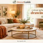 Colour scheme for drawing room with warm neutral walls, cream sofa, and olive green accents