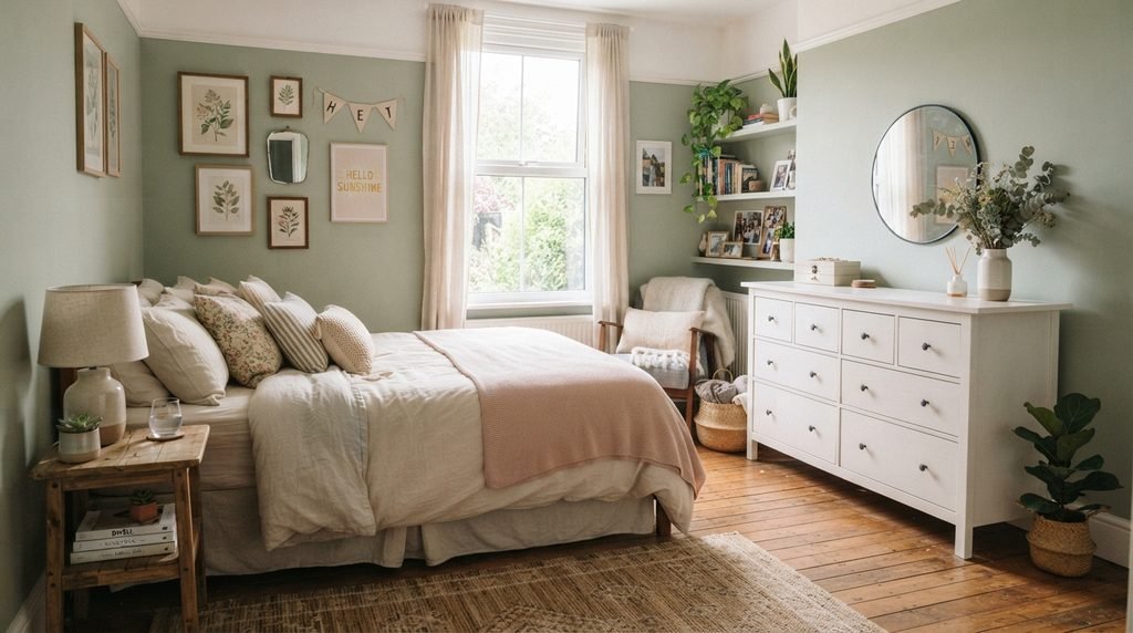 Cute room themes for bedrooms with cozy pastel decor, fairy lights, plants, plush bedding, and a dreamy aesthetic