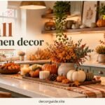 Fall kitchen decor ideas featuring a warm cozy kitchen with pumpkins, autumn leaves, candles, rustic shelves, and seasonal decorations