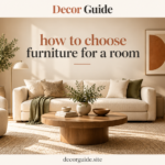 How to choose furniture for a room featuring a warm neutral living room with cream sofa, accent chair, wooden coffee table, rug, plants, and balanced decor.