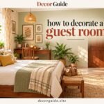 How to decorate a guest room with cozy bedding, natural wood furniture, plants, warm lighting, and elegant home decor ideas
