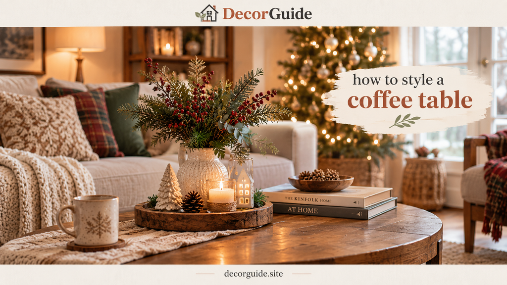 How to style a coffee table with books, decor, greenery, and a decorative tray in a cozy living room.