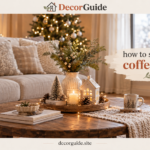 How to style a coffee table with books, decor, greenery, and a decorative tray in a cozy living room.