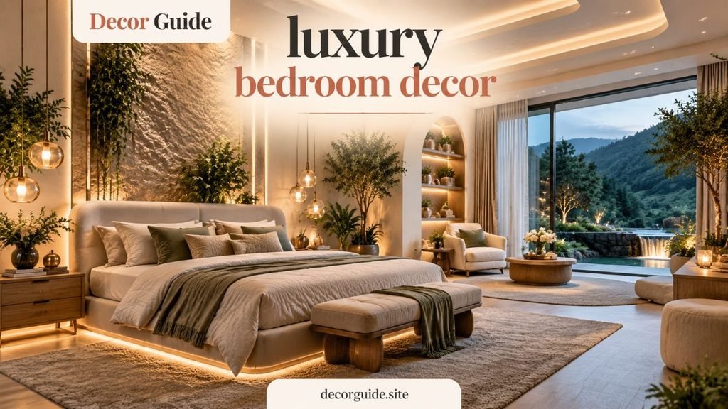 Luxury bedroom decor featuring a modern spa-inspired bedroom with a plush bed, warm ambient lighting, natural textures, indoor plants, elegant furniture, and a serene outdoor view creating a premium relaxing interior design.
