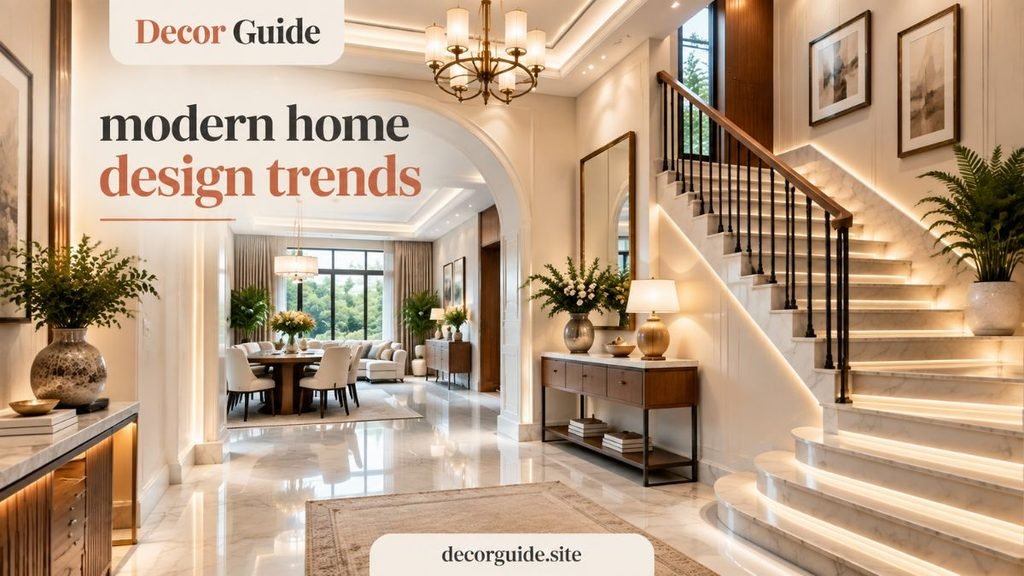 Modern home design trends featuring a luxury contemporary foyer with an elegant staircase, warm lighting, marble flooring, stylish decor, and sophisticated interior details.
