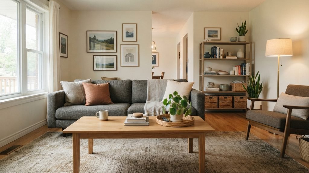 Tacky living room decor improved with balanced furniture, organized storage, simple styling, and warm natural lighting