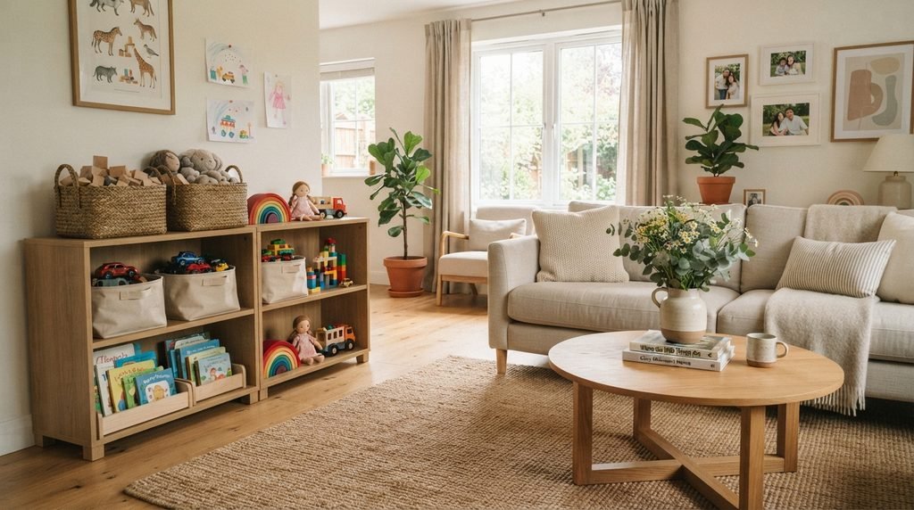 Toy storage for living room with baskets, shelves, and organized children's toys