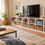 Toy storage for living room with woven baskets, shelves, books, and organized children's toys