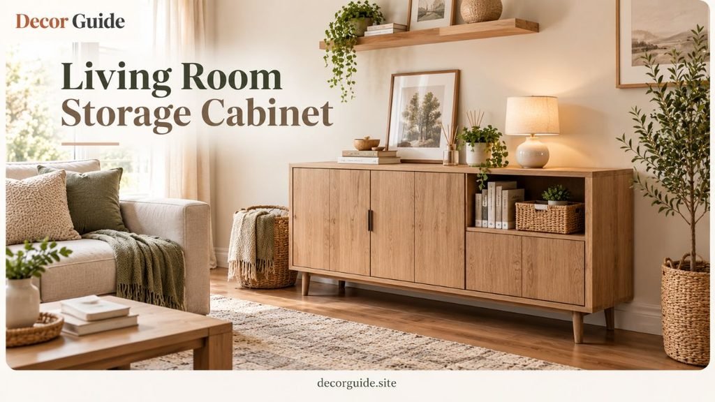 Living room storage cabinet in natural wood with closed doors, open shelves, books, woven baskets, and decorative plants in a modern cozy living room.