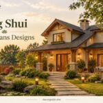 Feng shui house plans designs featuring a warm modern home, balanced garden landscaping, natural greenery, and a peaceful outdoor layout