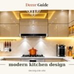 Modern kitchen cabinets design with glossy beige, warm LED cove lighting, marble backsplash and a crystal chandelier
