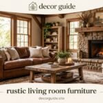 Rustic living room furniture with a brown leather sofa, stone fireplace, wooden coffee table, and cozy neutral decor.