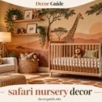 Safari nursery decor featuring a warm baby room with a wooden crib, giraffe accents, safari wall mural, natural textures, plants, and cozy neutral furnishings.